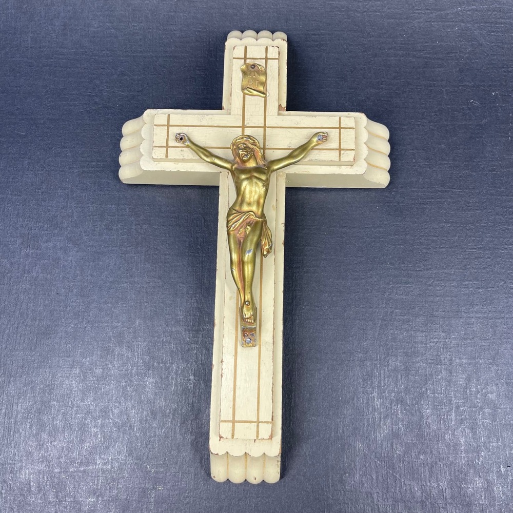 Vintage Ivory Painted Distressed Wood Wall Crucifix Gold Resin Jesus Corpus 12"